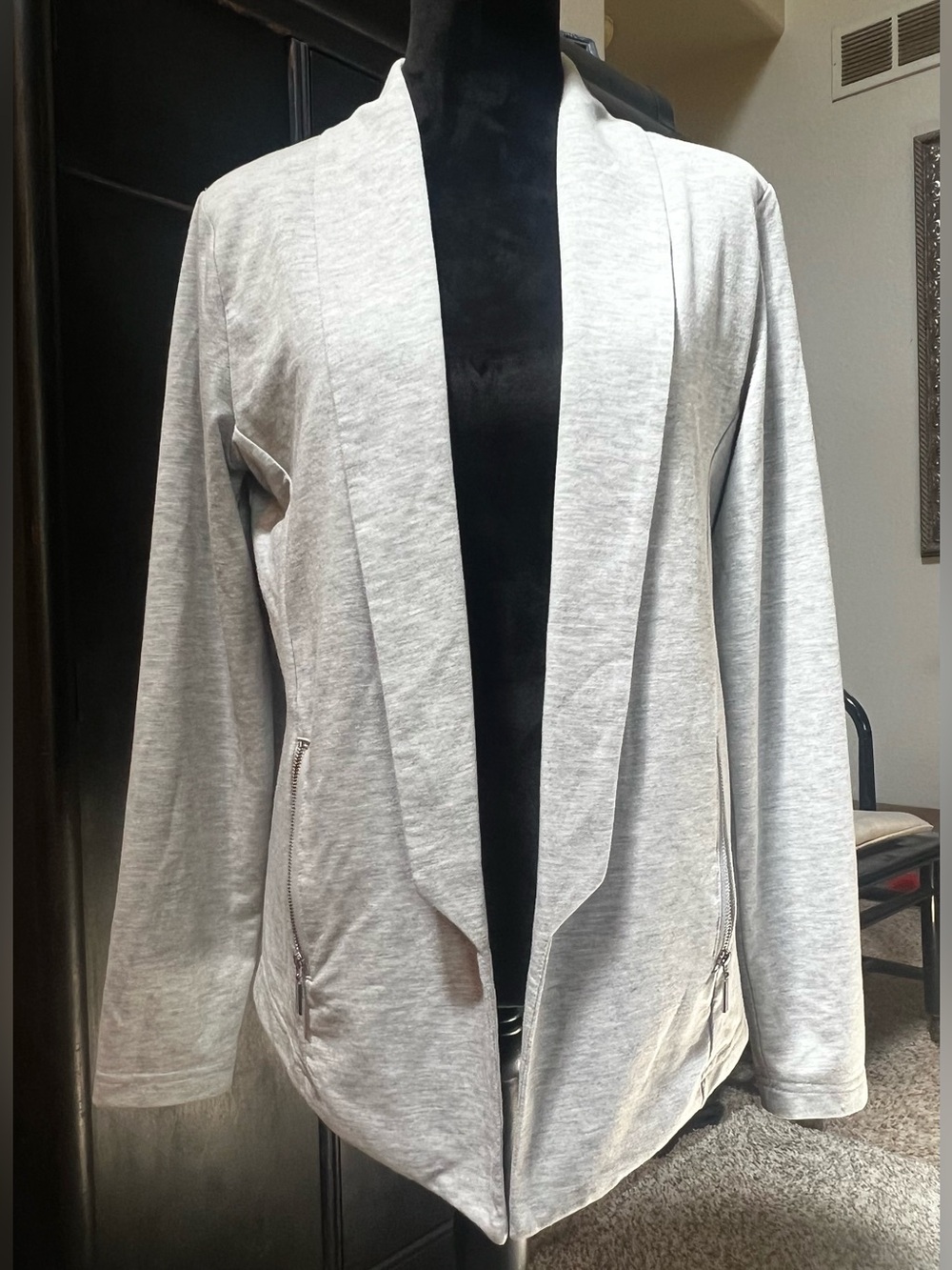 Light Gray Open Front Draped Cardigan with Zipper Pockets